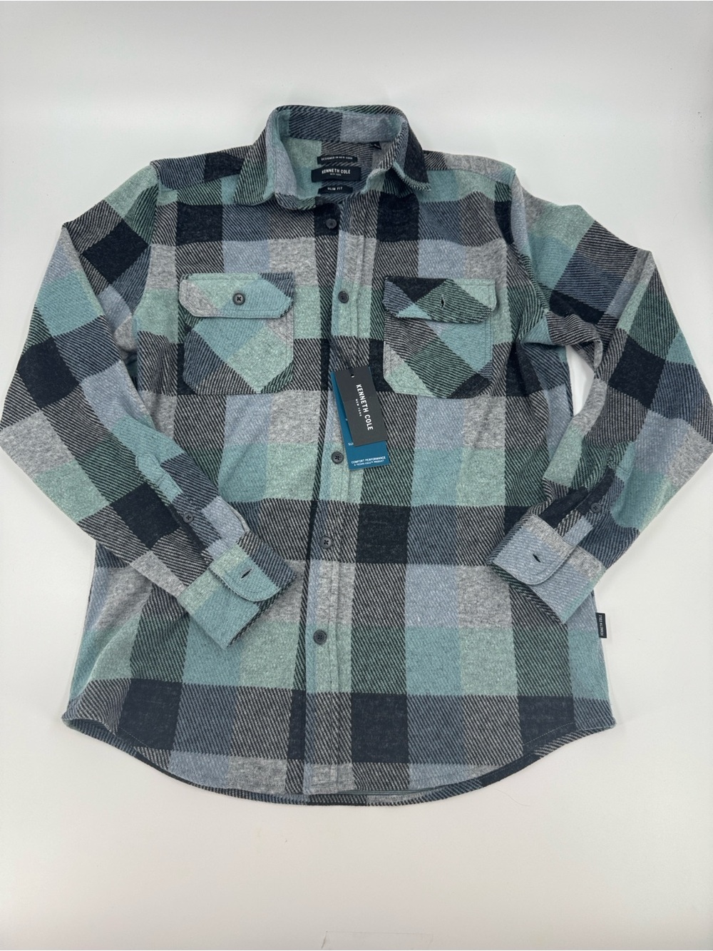 NWT Kenneth Cole Slim Fit Super Soft Knit Plaid Shirt Size S
